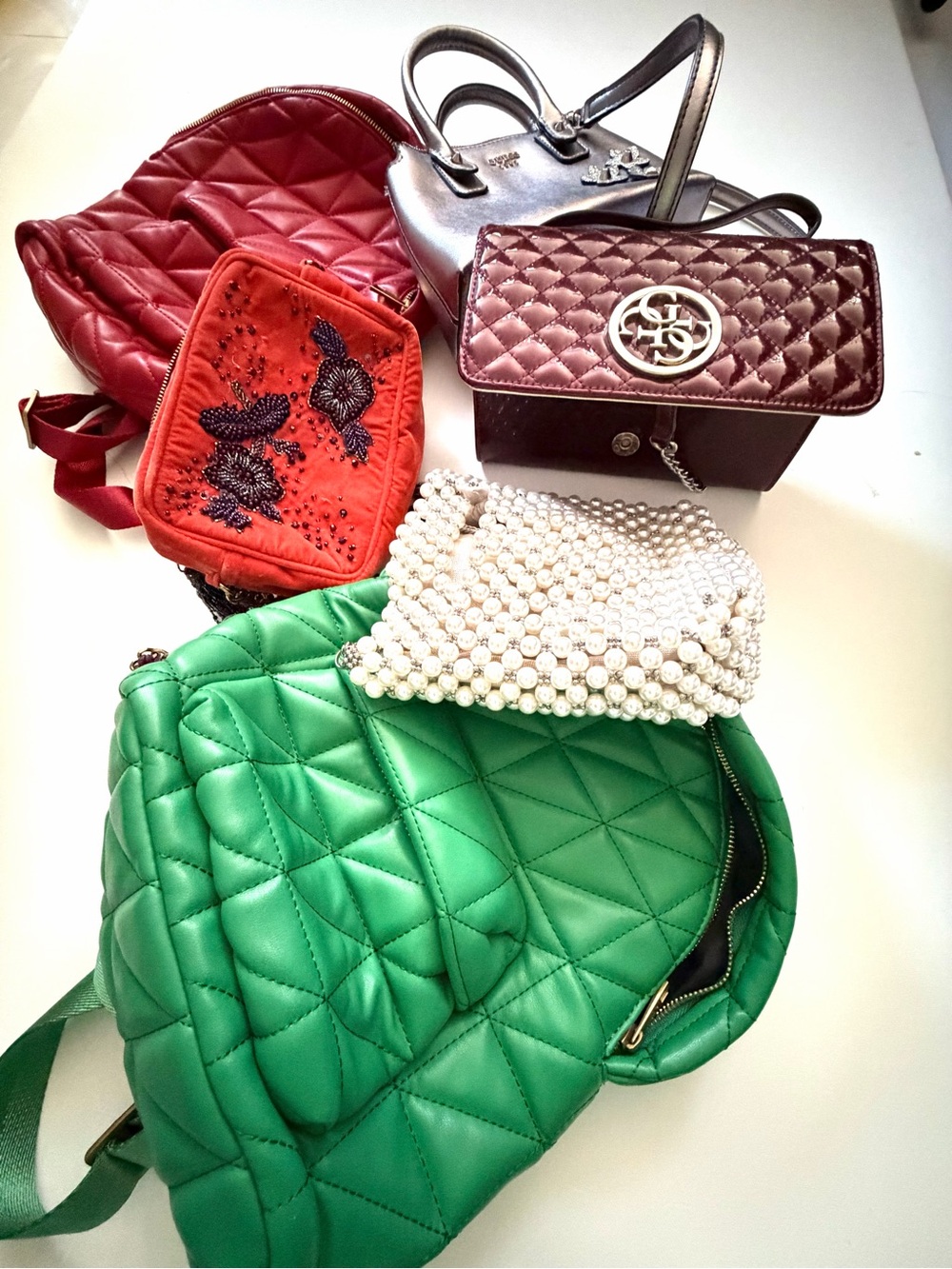 Guess &Zara Shoulder Bag , Pearl Clutch and Red and green backpack